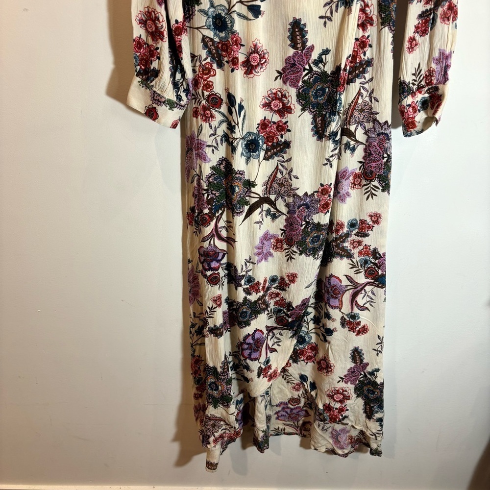 PATRONS OF PEACE Sz M Floral Faux Wrap Balloon Cuffed Sleeves Deep-V Maxi  Dress - Picture 4 of 14